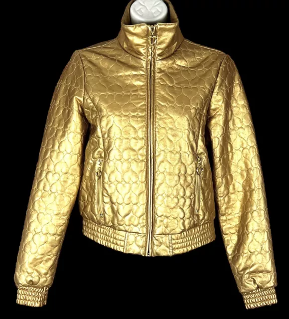 Vintage WET SEAL    Size M     Gold Faux Leather BOMBER JACKET    Quilted Hearts 2