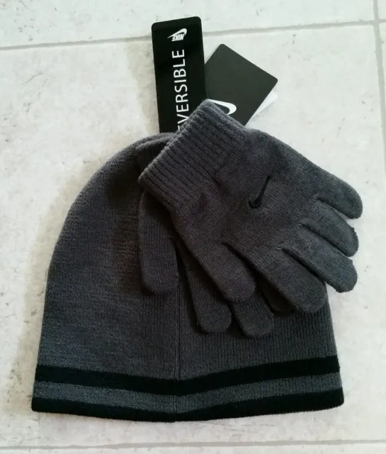 Nike Boys Knit Hat & Gloves Set 8-20 Beanie REVERSIBLE Winter BLACK GRAY Swoosh 3
