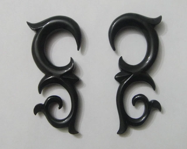 Pair Hand Carved BUFFALO HORN TRIBAL FLORAL SPIRAL TAPER EAR HANGING PLUG GAUGES