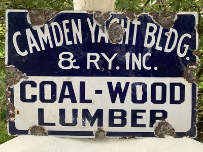 1920s CAMDEN YACHT BUILDING PORCELAIN SIGN CAMDEN MAINE COAL WOOD LUMBER 18X12