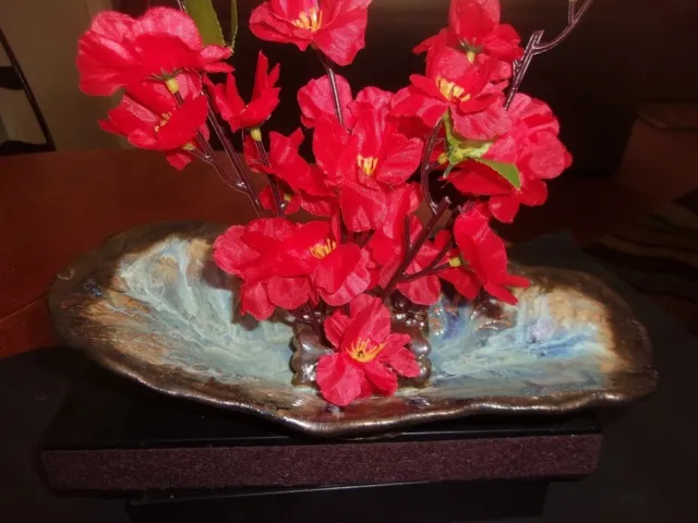 Blue oblong  Ikebana Ceramic with  Pin Frog Vase