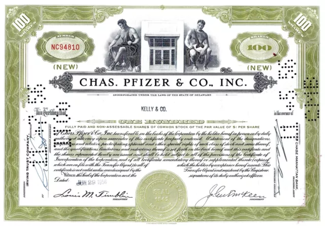 Chas. Pfizer & Co. Inc., Delaware 1956 - die grüne Pharma-Aktie (100 Shares New)