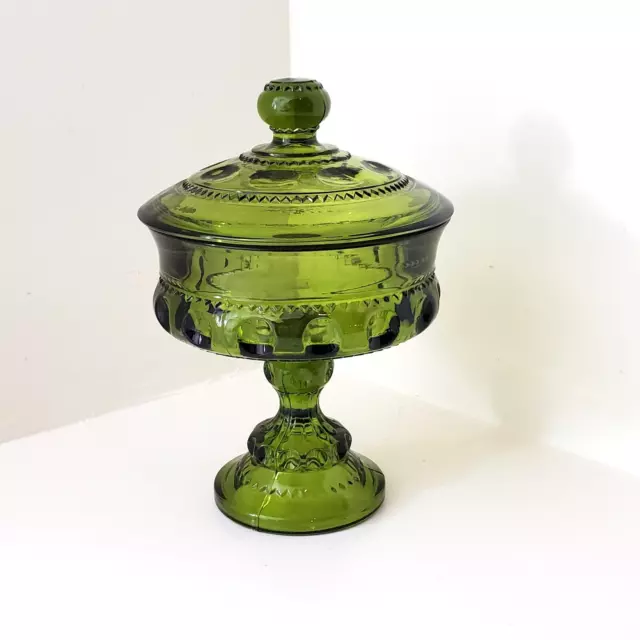 Green Depression Glass Footed Candy Dish With Knob Lid Rare Round Candy Dish 8"