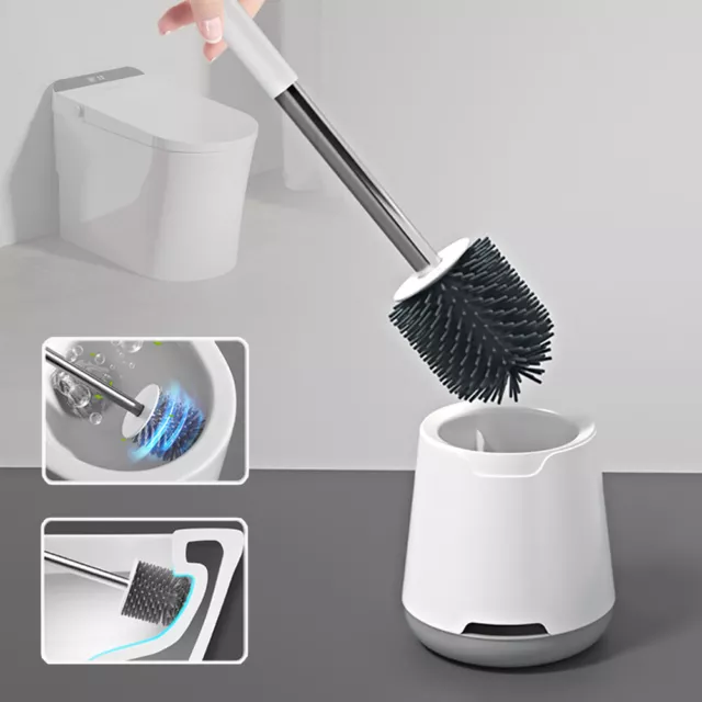 Soft Silicone Bristle Toilet Brush And Holder Bathroom WC Set Cleaning Brush UK