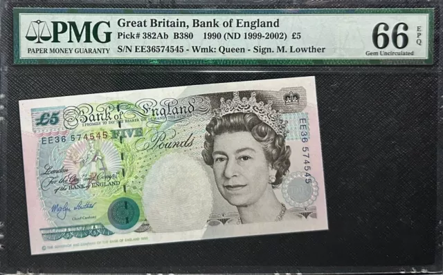 PMG 66 Gem EPQ 1990 GREAT BRITIAN,Bank Of England 5 Pounds (+FREE1 note)#30751