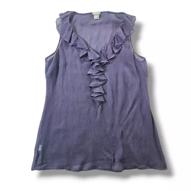 Ann Taylor Top Women's Medium Purple 100% Slik Ruffled Front Sleeveless V-Neck