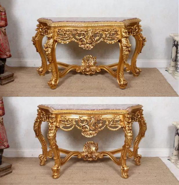 Pair French Rococo Marble Gilt Console Tables Large Serpentine Giltwood