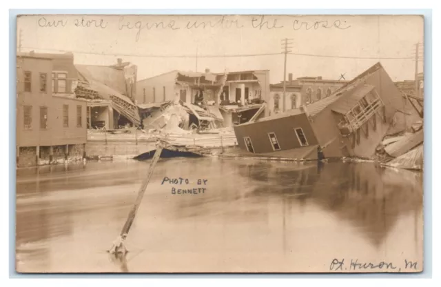 1908 RPPC Huron, MI Disaster Postcard - Flooded District, Many Ruined Buildings