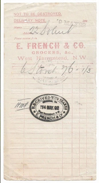 1892 E French, Grocers, West Hampstead, delivery note receipt