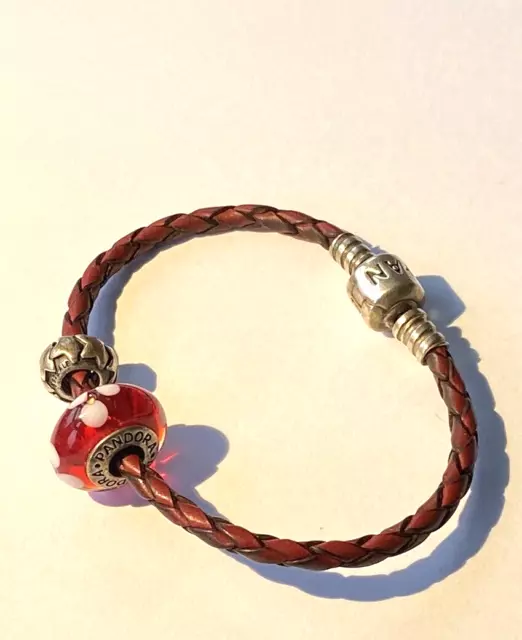 genuine PANDORA  bracelet leather cord charms incl. red glass & hearts 16.5"