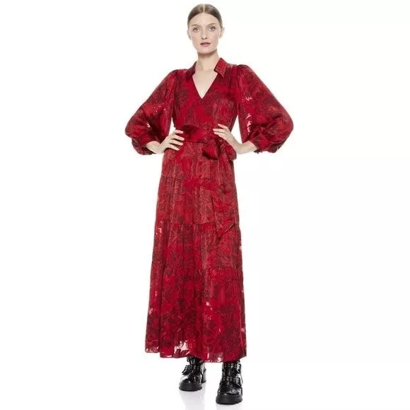 Alice + Olivia Sitara Red Floral Collared Puff Long Sleeve Maxi Dress 4