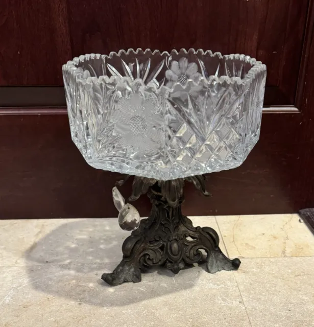 Vintage Cut Glass Crystal Compote Footed Ornate Brass Pedestal Serving Bowl