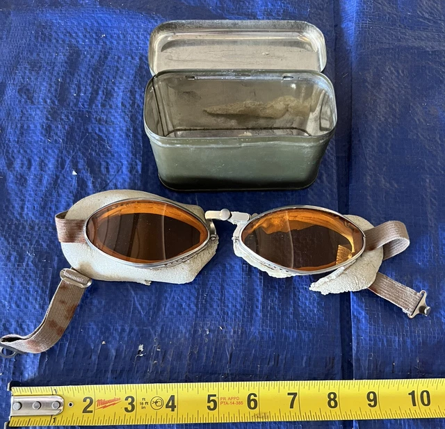 Vintage WWI WWII Aviator Goggles with Orange Lenses & Case - rotten rubber