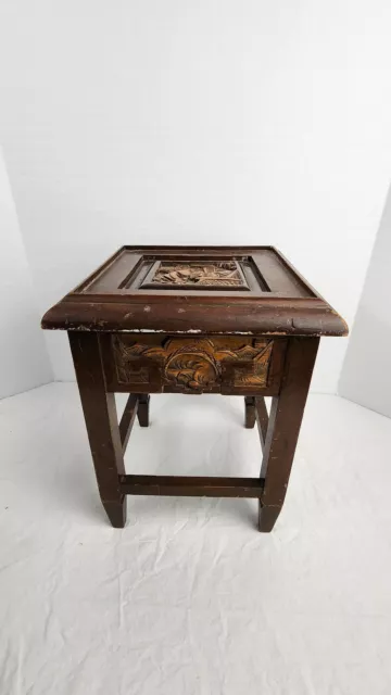 Oriental Hand Carved Wood End Table - ca. 1900, Antique, Hong Kong, Brown