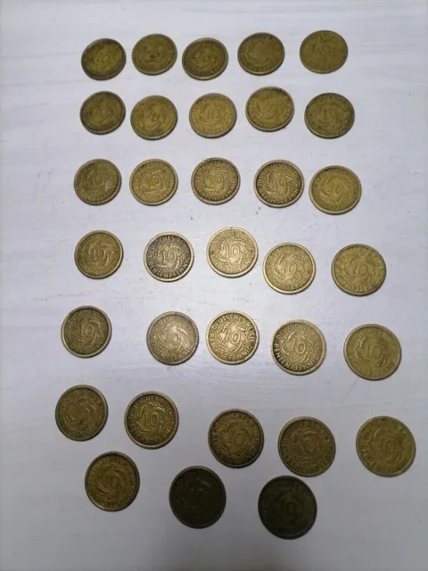 36 Münzen 10 Reichspfennig 1924, 25, 29, 30, 32, 35, 36 A,D,E,F,J