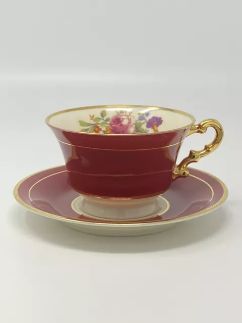 Syracuse China OPCO Old Ivory Cup & Saucer Maroon & Gold Rim with Flowers