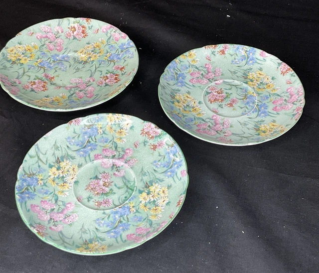 3 VINTAGE USED SHELLEY MELODY ART DECO CHINTZ FINE BONE CHINA SAUCER 5