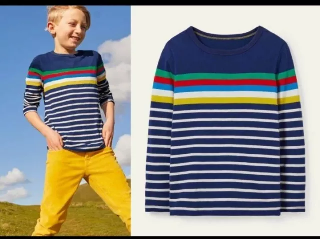 Mini Boden Boys Multi Stripe Navy Long Sleeve Cotton Top T-Shirt Brand New