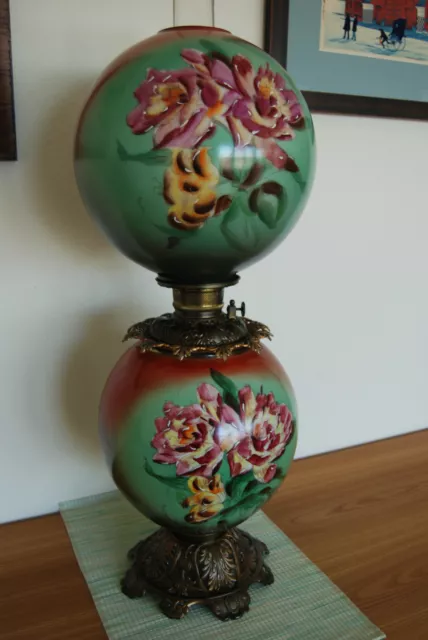 Antique Banquet Victorian Oil Kerosene Hand Painted Floral Art Nouveau Gwtw Lamp