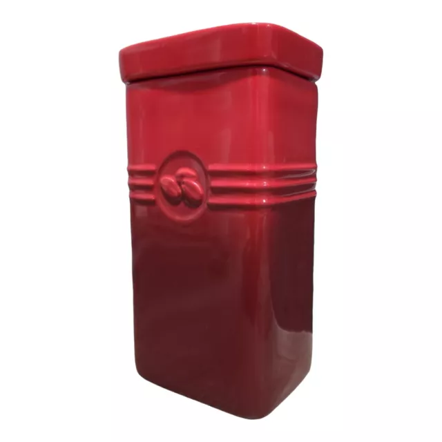Le Creuset Stoneware 2 Quart Coffee Storage Jar in Cerise Red 9" Has Seal!