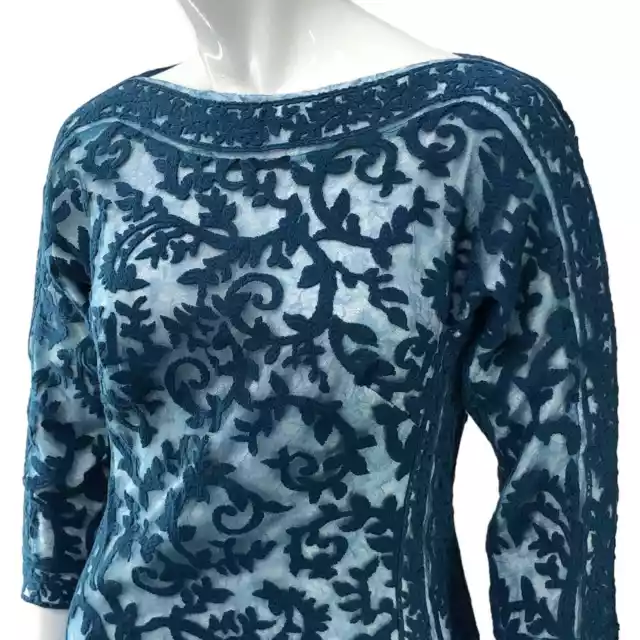 Tadashi Shoji Sz 2 Sheath Dress Embroidered Lace Panel Blue Sheer Cocktail Lined 2