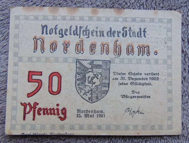 Geldscheine, Gutschein, Notgeld über 50 PFENNIG, Stadt NORDENHAM, 1921 Jahr!