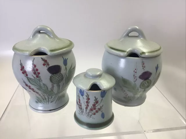 3 Vintage BUCHAN Scotland Stoneware Thistle MUSTARD Pots Or Jelly