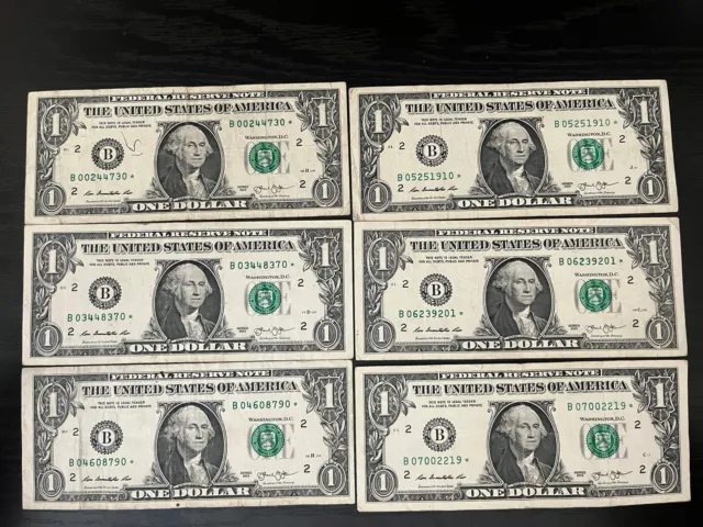 Lot Of (6) 2013 "B" $1 One Dollar Star Note Bill Duplicate Series Circulated