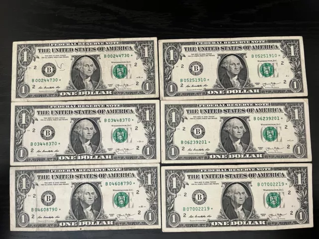 Lot Of (6) 2013 "B" $1 One Dollar Star Note Bill Duplicate Series Circulated