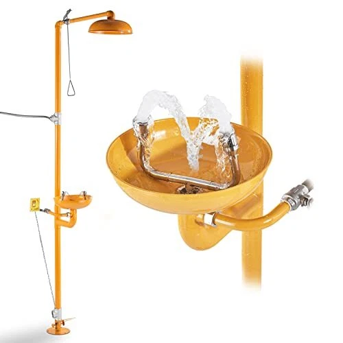 Yellow Emergency Eye Wash Station with Covers Stainless Steel Eyewash Shower ...