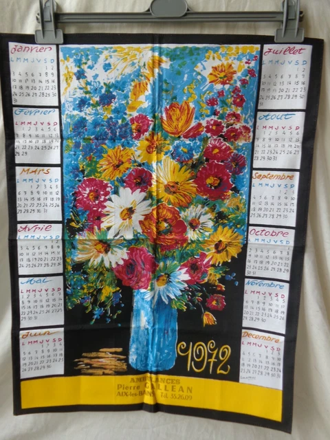ANCIEN TORCHON 1984 CALENDRIER Décor Pichets et Tastevin
