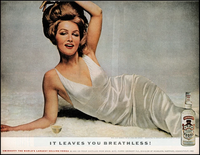 1962 Julie Newmar sexy photo pre-Catwoman Smirnoff Vodka retro print ad LA16
