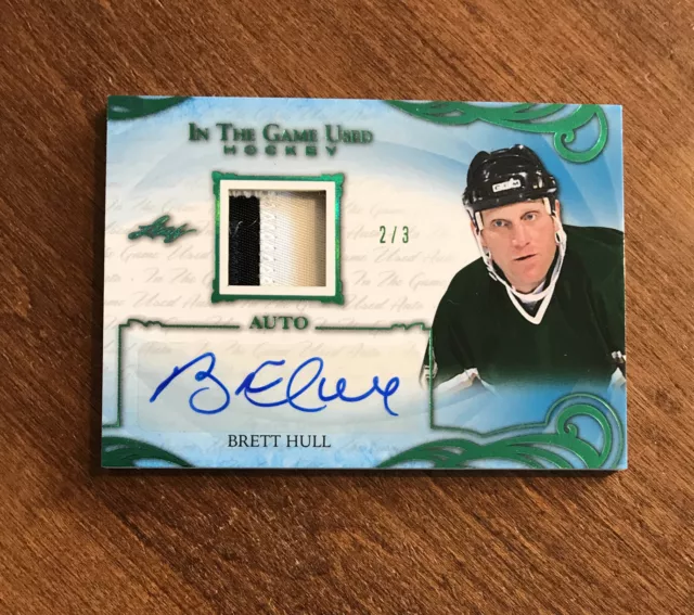 Brett Hull 2019 Leaf In The Game Green Used Patch Auto UA Blues Stars 2/3 HOF
