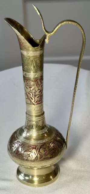 VTG Etched Solid Brass 8” Bud Vase~Cobra Water Pitcher Ewer~Bohemian~Colorful