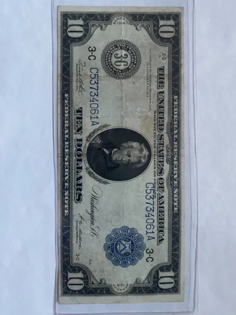 1914 $10 Federal Reserve Note BLUE Seal Philadelphia - NICE HG Solid Note