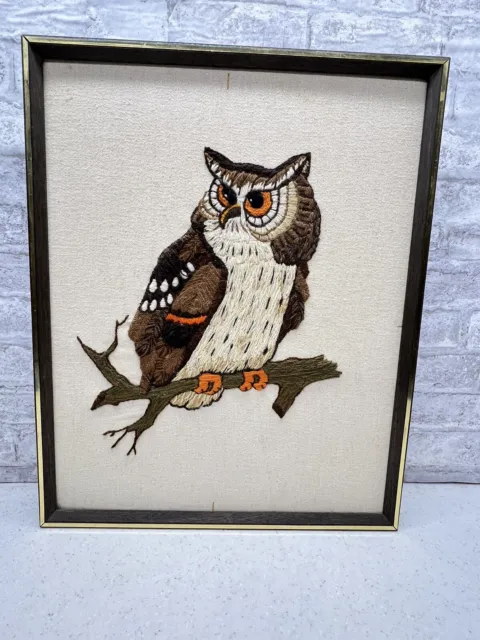 Vintage Owl Needlepoint Completed Crewel Framed Wall Art 17" x 21” MCM Wall Art