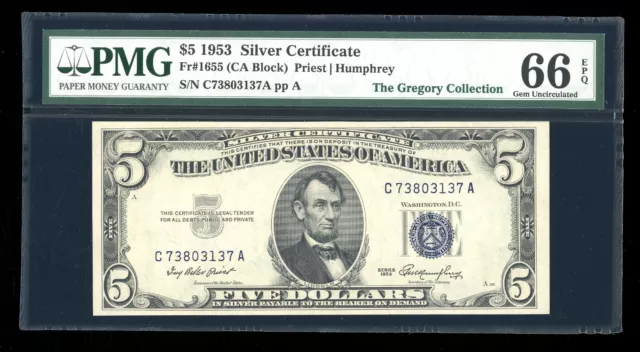 DBR $5 1953 Silver Gem Fr. 1655 CA Block PMG 66 EPQ Serial C73803137A