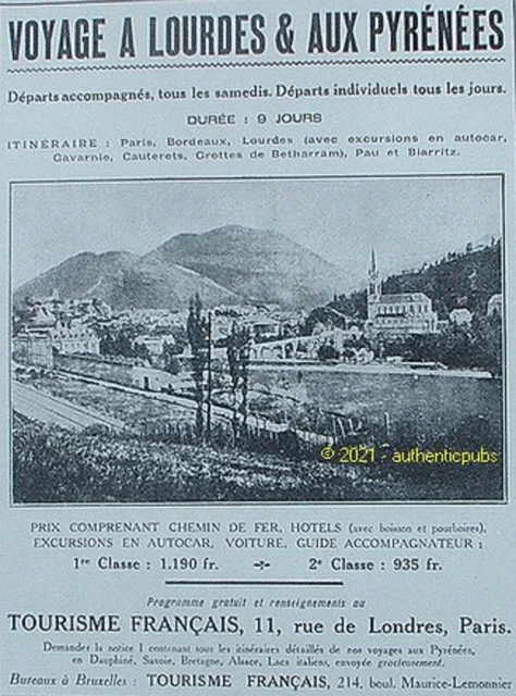Publicite Voyage A Lourdes Aux Pyrenees Tourisme Francais De 1926 French Ad Pub