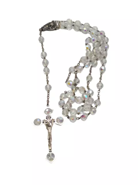 INRA AB Crystals Beaded Chain Cross Rosary Crucifix Silver Tone Italy Vintage