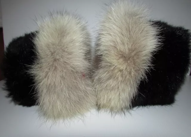 SUPERBE REAL BLACK OPOSSUM FUR / REAL FLUFFY GREY FOX FUR CUFFS  15" X 6"approx 2