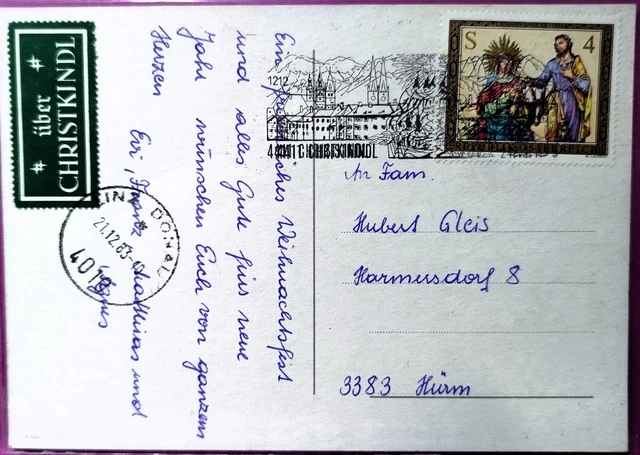 CHRISTKINDL 1983  Christkindlstempel  auf  Wintermotiv Postkarte mit Leitzettel