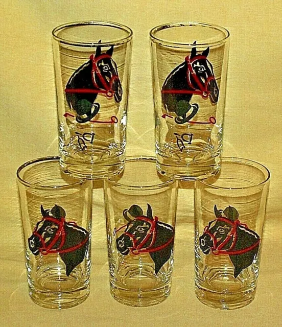 Horse Glass Set 5 Red Black Head Bridle Jockey Helmet Crop Stirrups Barware Bar*