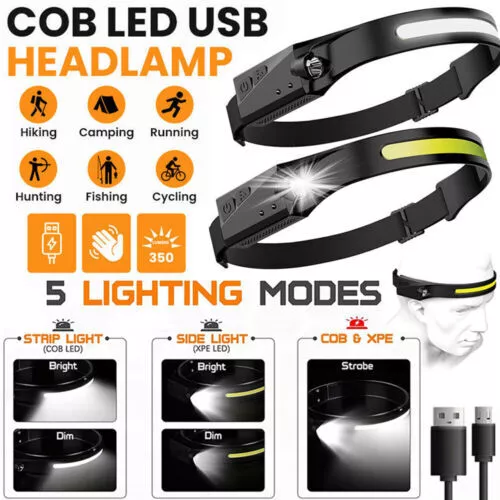 Stirnlampe COB+LED Kopflampe USB Wiederaufladbar Bewegungssensor 5 Modi Akku USB