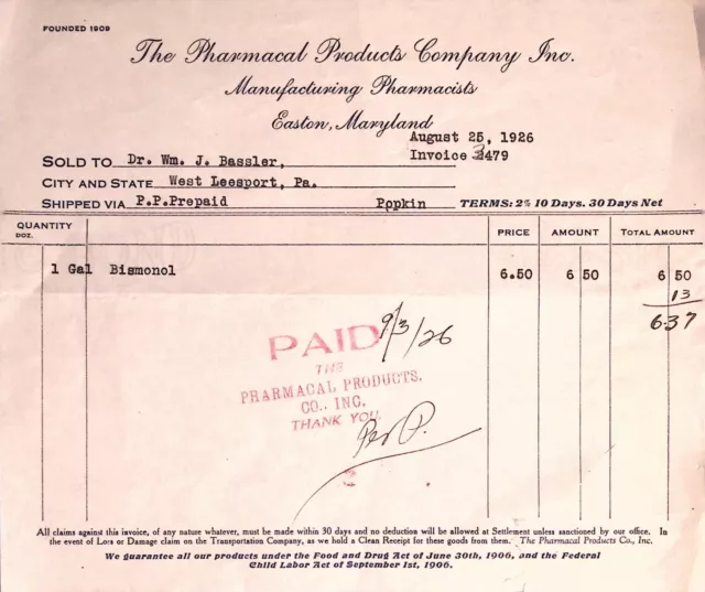 Easton Maryland Pharmacal Products Co. Pharmacists Receipt Invoice 1926 Bismonol