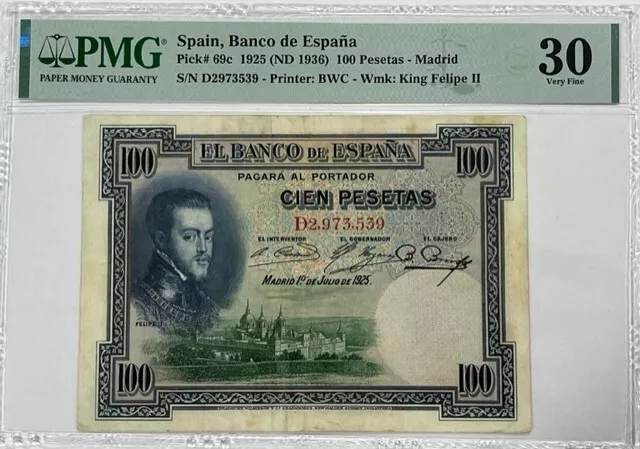 Spain 100 Pesetas (1925) Banco de Espana PMG 30 Very Fine Banknote