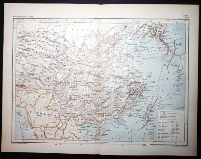 1890 ANTIQUE PRINT COLOUR MAP of CHINE (CORÉE) China (Korea) FRENCH Carte