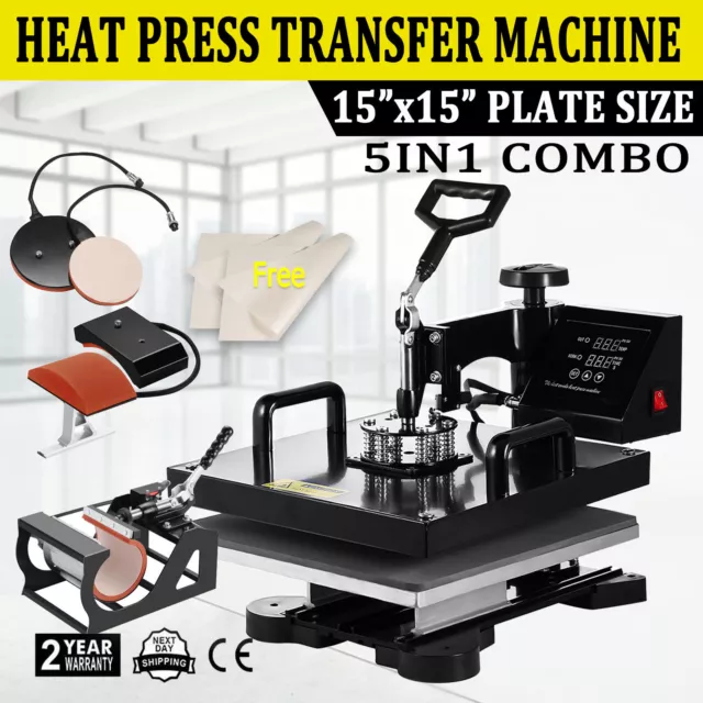 5IN1 Combo Heat Press Machine 15"x15" Sublimation Transfer T-Shirt Mug Plate Hat