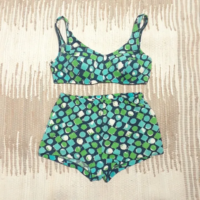 Vintage 60s Bra Shorts Swim Set Bikini size Medium 10 12, Mod Dot Blue Floral