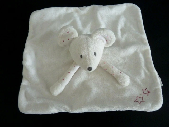 45- Doudou Plat Obaibi Okaidi Souris Blanc Rose Etoiles Dessous Coton - Tbe