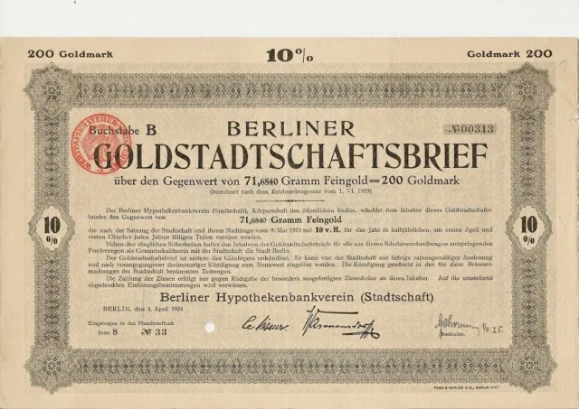 Berliner Hypothekenbank Verein Berlin histor. Bank Gold Anleihen 1925 bis 1930 3